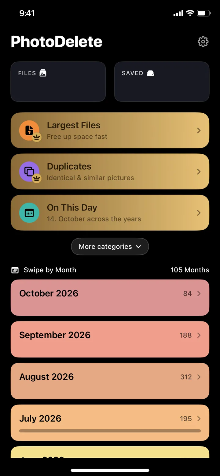 PhotoDelete home screen with largest files, duplicates and months